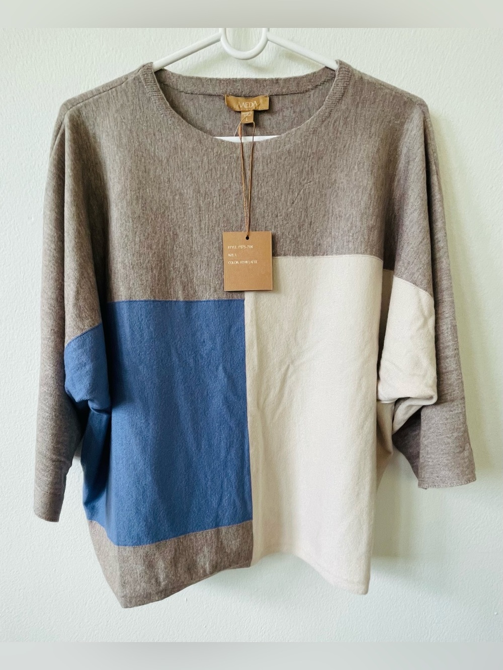 Woven Colorblock Crewneck Sweater in Blue, Cream & Taupe
